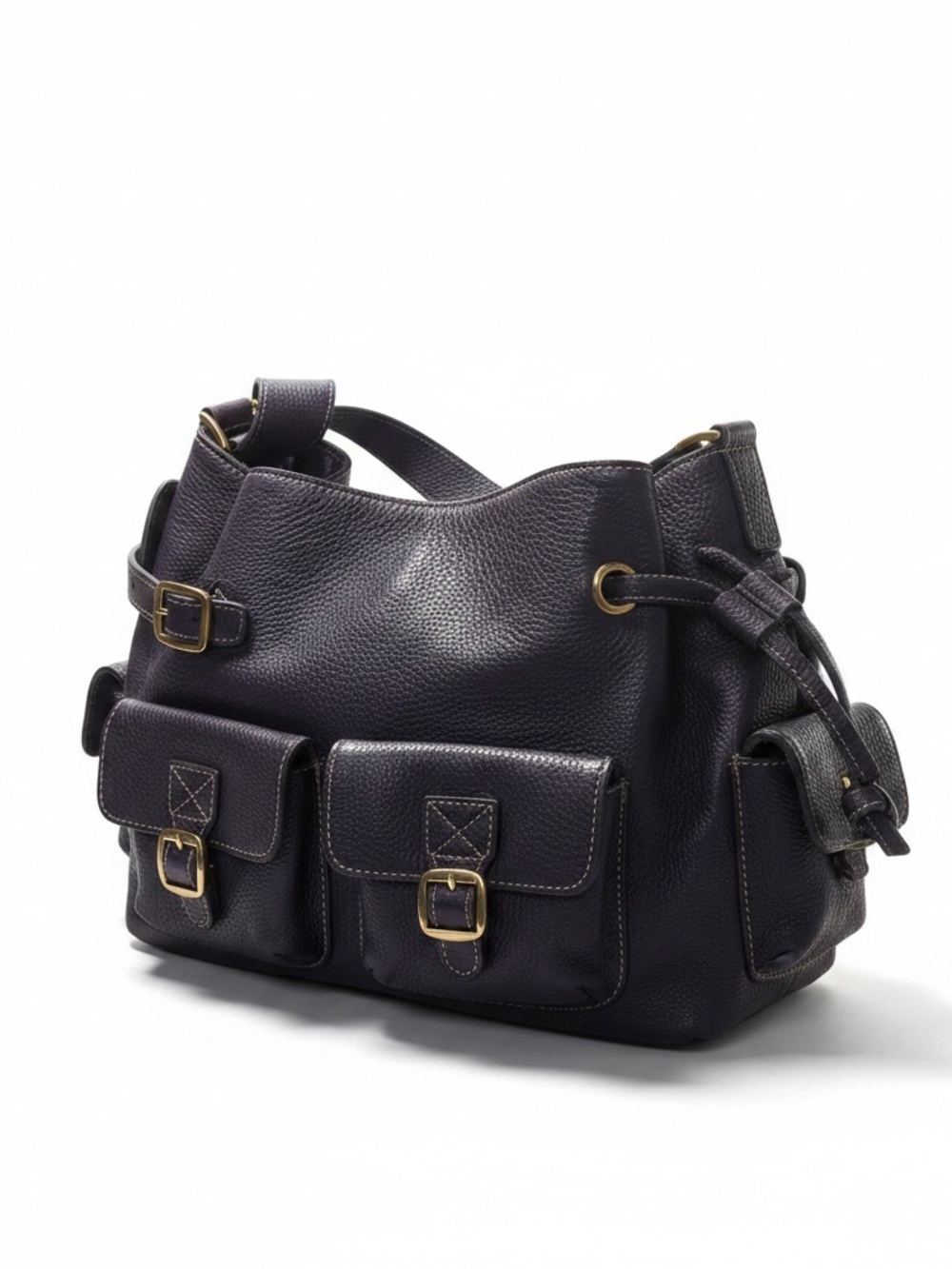 Leather Drawstring Pocket Hobo Bag - Deep Plum